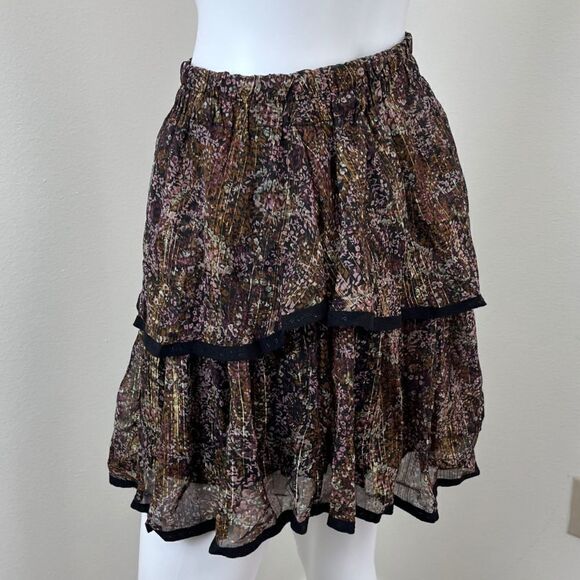 Allison Women Size L Black Tiered Floral Pull On Metallic Mini NEW Skirt Peasant - Picture 7 of 13